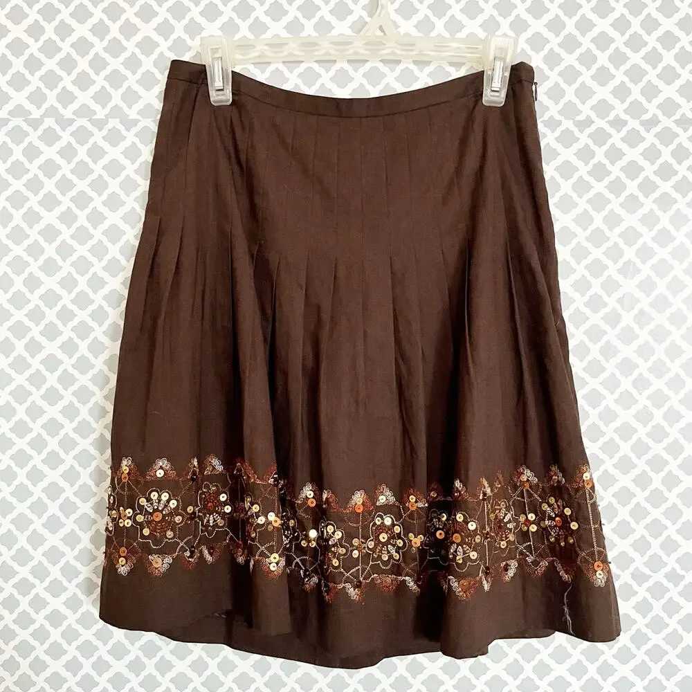 ANN TAYLOR LOFT Petite Brown Pleated Skirt With Sequin Hem, 4P